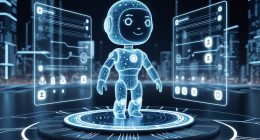 Kolmiulotteinen kuva futuristisesta tekoälychatbotista hologrammina, ympärillä kelluvia tietopaneeleja ja verkoston symboleja, taustalla digitaalinen kaupunkimaisema.