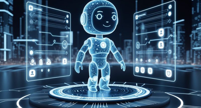 Kolmiulotteinen kuva futuristisesta tekoälychatbotista hologrammina, ympärillä kelluvia tietopaneeleja ja verkoston symboleja, taustalla digitaalinen kaupunkimaisema.