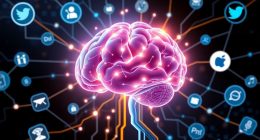 Digitaalinen aivojen kuvitus datavirroilla ja sovelluskuvakkeilla.