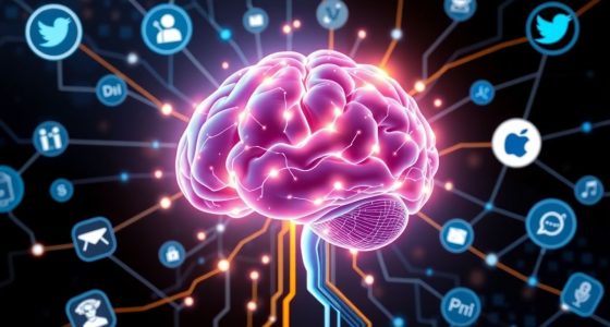 Digitaalinen aivojen kuvitus datavirroilla ja sovelluskuvakkeilla.